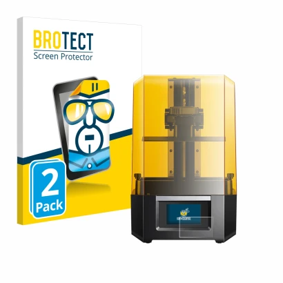 Front side of a product packaging with the brand logo BROTECT. Next to it is the device Anycubic Photon Mono M5s shown with th