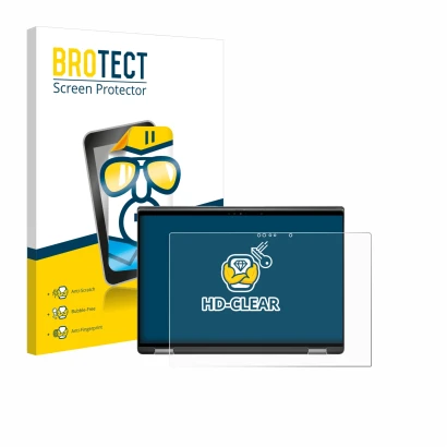 Front side of a product packaging with the brand logo BROTECT. Next to it is the device Dell Latitude 7440 2-in-1 shown with t