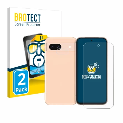 Front side of a product packaging with the brand logo BROTECT. Next to it is the device Google Pixel 8a (Front+Camera) shown w