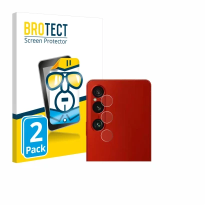 Front side of a product packaging with the brand logo BROTECT. Next to it is the device Sony Xperia 1 VI (ONLY Camera Lens) sh