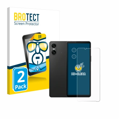 Front side of a product packaging with the brand logo BROTECT. Next to it is the device Sony Xperia 10 VI (Front+Camera) shown