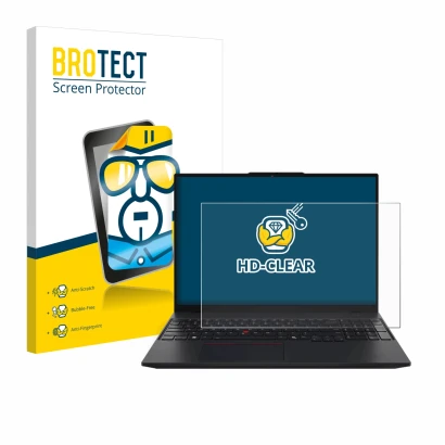 Front side of a product packaging with the brand logo BROTECT. Next to it is the device Lenovo ThinkPad L16 Gen 1 shown with t
