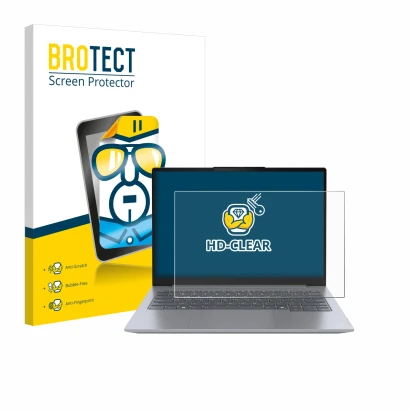 Front side of a product packaging with the brand logo BROTECT. Next to it is the device Lenovo ThinkBook 14 Gen 7 shown with t