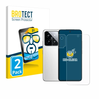 Front side of a product packaging with the brand logo BROTECT. Next to it is the device Xiaomi 14 (Front+Camera) shown with th