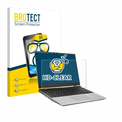 Front side of a product packaging with the brand logo BROTECT. Next to it is the device Framework Laptop 16 shown with the cor