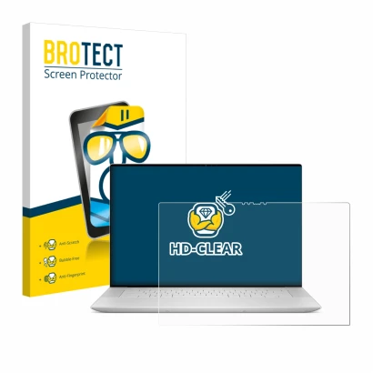 Front side of a product packaging with the brand logo BROTECT. Next to it is the device Dell XPS 16 9640 shown with the corres