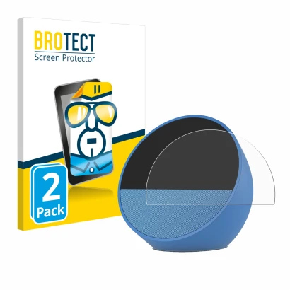 Front side of a product packaging with the brand logo BROTECT. Next to it is the device Amazon Echo Spot 2024 shown with the c