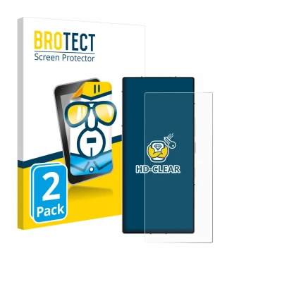 Front side of a product packaging with the brand logo BROTECT. Next to it is the device ZTE Nubia Z60 Ultra shown with the cor