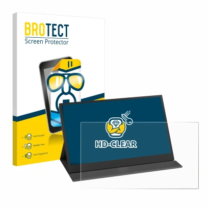 Front side of a product packaging with the brand logo BROTECT. Next to it is the device Yodoit PTM15 15.6" shown with the corr