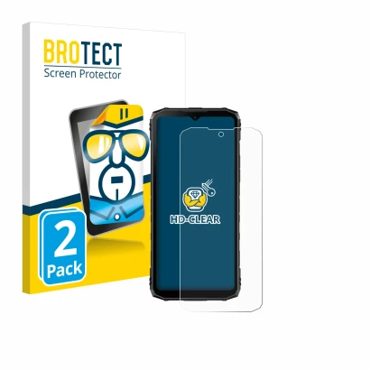Front side of a product packaging with the brand logo BROTECT. Next to it is the device Doogee Blade 10 Pro shown with the cor