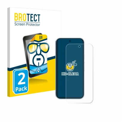 Front side of a product packaging with the brand logo BROTECT. Next to it is the device Google Pixel 9 shown with the correspo