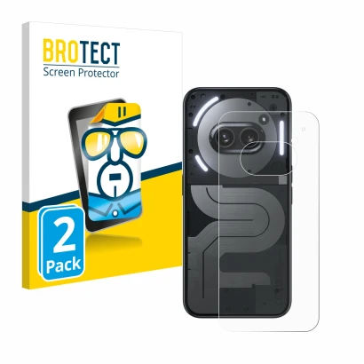 Front side of a product packaging with the brand logo BROTECT. Next to it is the device Nothing Phone (2a) Plus (Back) shown w