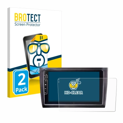 Front side of a product packaging with the brand logo BROTECT. Next to it is the device Dynavin D9-DF56 9" shown with the corr