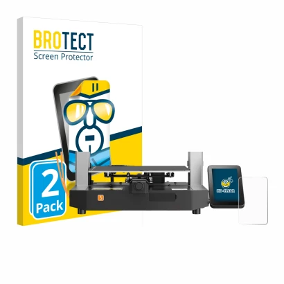 Front side of a product packaging with the brand logo BROTECT. Next to it is the device Anycubic Kobra 3 shown with the corres