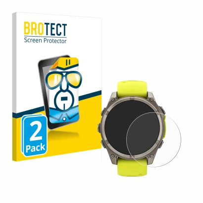 Front side of a product packaging with the brand logo BROTECT. Next to it is the device Garmin Fenix 8 Solar (47 mm) shown wit