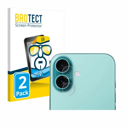 Front side of a product packaging with the brand logo BROTECT. Next to it is the device Apple iPhone 16 (ONLY Camera Lens) sho