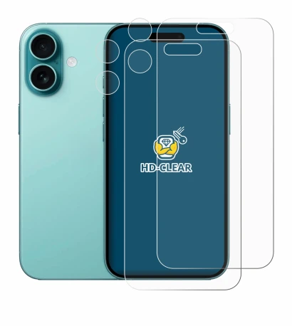 Image of the device Apple iPhone 16 (Front+Camera) with a wide variety of screen protectors.