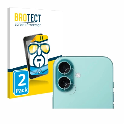 Front side of a product packaging with the brand logo BROTECT. Next to it is the device Apple iPhone 16 Plus (ONLY Camera Lens