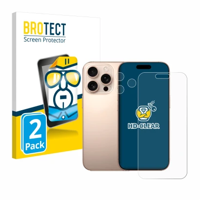 Front side of a product packaging with the brand logo BROTECT. Next to it is the device Apple iPhone 16 Pro Max (Front+Camera)