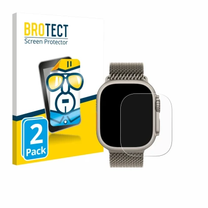 Front side of a product packaging with the brand logo BROTECT. Next to it is the device Apple Watch Ultra 3 shown with the cor