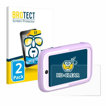 Front side of a product packaging with the brand logo BROTECT. Next to it is the device Myfirst Camera 50 shown with the corre