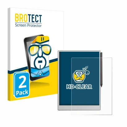 Front side of a product packaging with the brand logo BROTECT. Next to it is the device reMarkable Paper Pro shown with the co