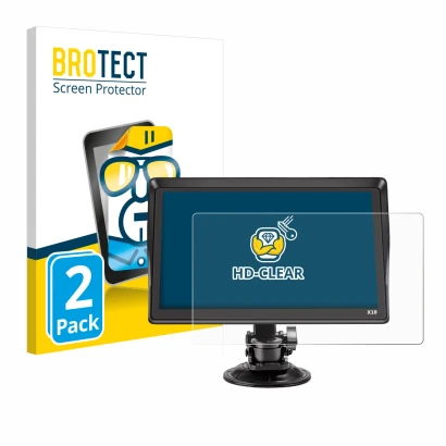Front side of a product packaging with the brand logo BROTECT. Next to it is the device Xgody X10 9" shown with the correspond