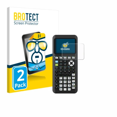 Front side of a product packaging with the brand logo BROTECT. Next to it is the device Texas Instruments TI-84 Plus CE-T Pyth