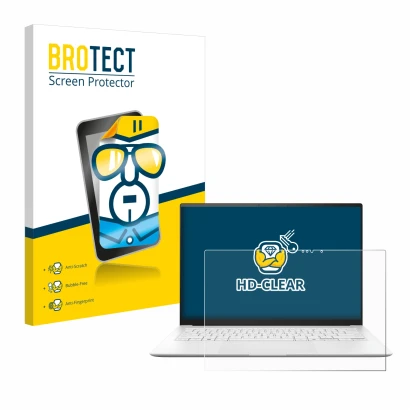 Front side of a product packaging with the brand logo BROTECT. Next to it is the device ASUS ZenBook S 14 UX5406 shown with th