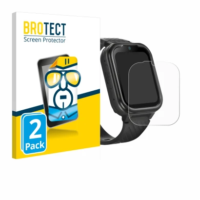 Front side of a product packaging with the brand logo BROTECT. Next to it is the device RAYOFI Kids Smartwatch shown with the