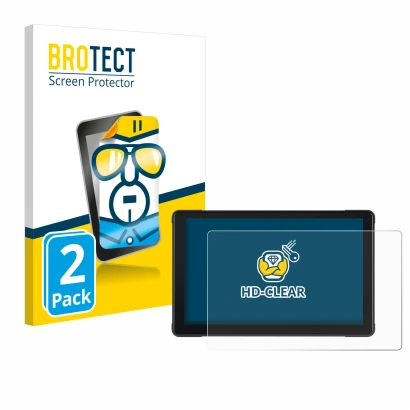 Front side of a product packaging with the brand logo BROTECT. Next to it is the device Podofo Motorrad Carplay 7" shown with 
