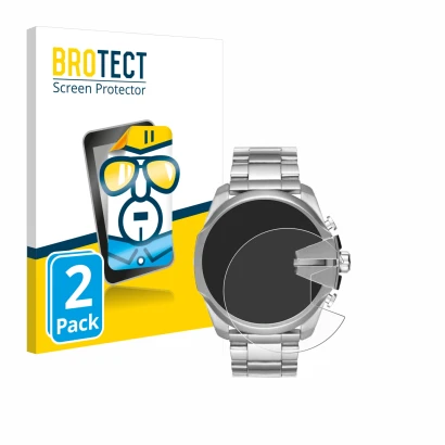 Front side of a product packaging with the brand logo BROTECT. Next to it is the device Diesel Mega Chief DZ4417 shown with th