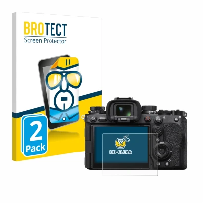 Front side of a product packaging with the brand logo BROTECT. Next to it is the device Sony Alpha 1 II (ILCE1M2B) shown with