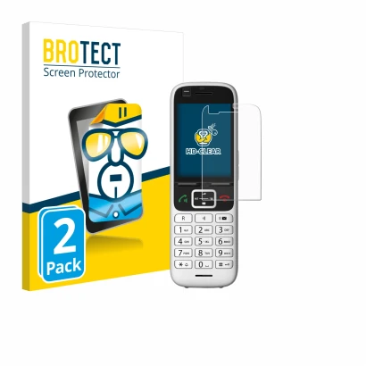 Front side of a product packaging with the brand logo BROTECT. Next to it is the device Unify OpenScape S6 shown with the corr