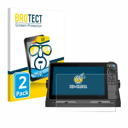 Front side of a product packaging with the brand logo BROTECT. Next to it is the device Lowrance HDS-9 Pro shown with the corr