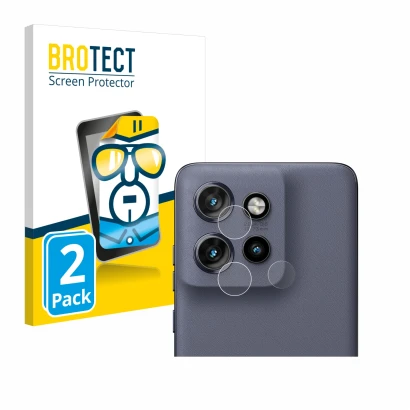 Front side of a product packaging with the brand logo BROTECT. Next to it is the device Motorola Edge 50 Neo (ONLY Camera Lens