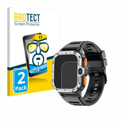 Front side of a product packaging with the brand logo BROTECT. Next to it is the device HS Smartwatch 2" shown with the corres