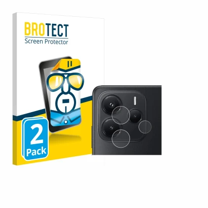 Front side of a product packaging with the brand logo BROTECT. Next to it is the device Xiaomi Redmi Note 14 (ONLY Camera Lens