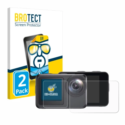 Front side of a product packaging with the brand logo BROTECT. Next to it is the device Akaso Brave 7 LE shown with the corres