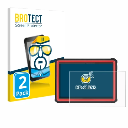 Front side of a product packaging with the brand logo BROTECT. Next to it is the device Launch X-431 PRO3S+ Elite shown with t