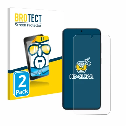 Front side of a product packaging with the brand logo BROTECT. Next to it is the device Samsung Galaxy S25 Plus shown with the