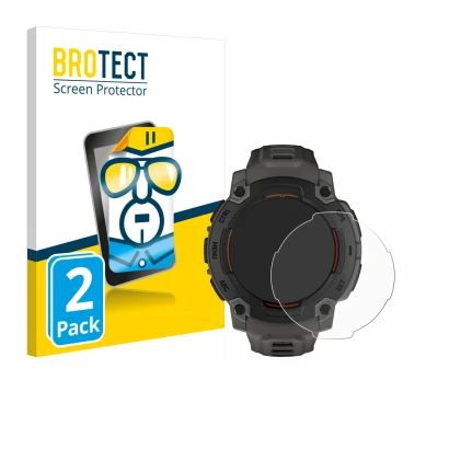 Front side of a product packaging with the brand logo BROTECT. Next to it is the device Garmin Instinct E (45 mm) shown with t