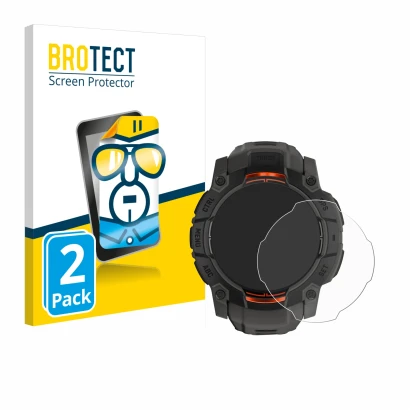 Front side of a product packaging with the brand logo BROTECT. Next to it is the device Garmin Instinct 3 Solar (50 mm) shown 