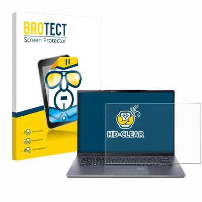 Front side of a product packaging with the brand logo BROTECT. Next to it is the device Acer Swift Go 14 AI shown with the cor