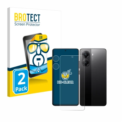 Front side of a product packaging with the brand logo BROTECT. Next to it is the device Xiaomi Poco X7 Pro (Front+Camera) show