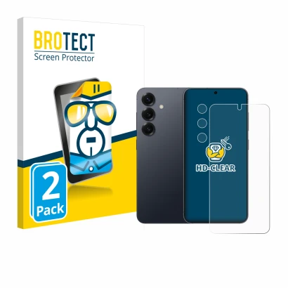 Front side of a product packaging with the brand logo BROTECT. Next to it is the device Samsung Galaxy S25 (Front+Camera) show
