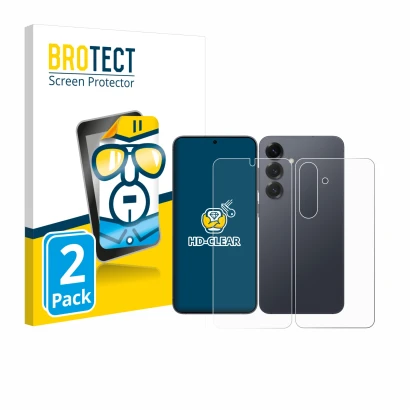 Front side of a product packaging with the brand logo BROTECT. Next to it is the device Samsung Galaxy S25 (Front+Back) shown 