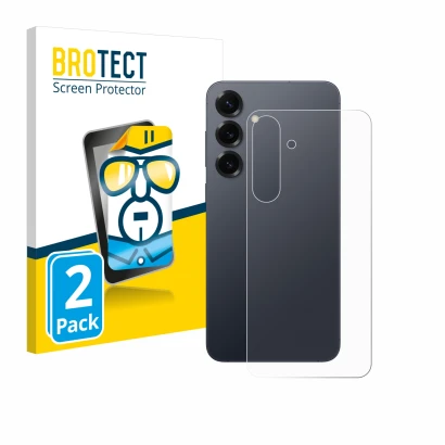 Front side of a product packaging with the brand logo BROTECT. Next to it is the device Samsung Galaxy S25 Plus (Back) shown w