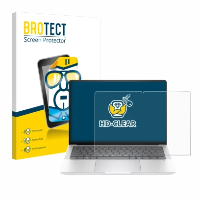 Front side of a product packaging with the brand logo BROTECT. Next to it is the device HP EliteBook X G1a 14" shown with the 