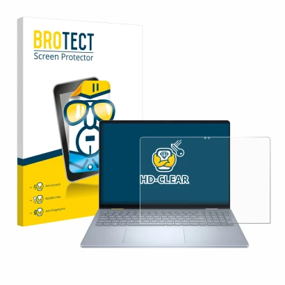 Front side of a product packaging with the brand logo BROTECT. Next to it is the device Dell 16 Plus-2-in-1 shown with the cor